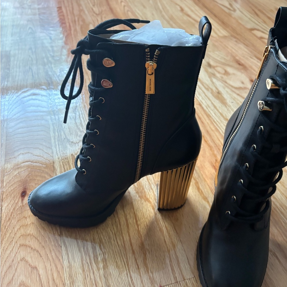 Michael Kors Black and Gold Lace Up Boots